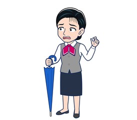 Middle-aged woman in red ribbon uniform