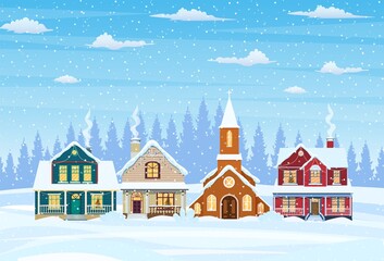 Suburban house covered snow. Building in holiday ornament. Christmas landscape tree. New year decoration. Merry christmas holiday xmas celebration. Vector illustration flat style