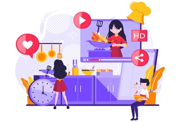Cooking video blog on monitor display. Food blogger tells how to cook a dish. Woman chef teaches cooking new recipe. couple follower study prepare food. Vector illustration