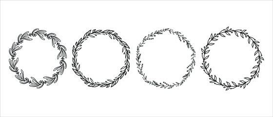 Hand drawn wreaths vector for wedding invitations and lettering decorations. a collection of circular bouquets drawn for romantic and rusty designs