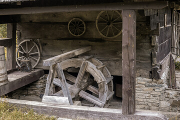 Obraz premium Old watermill. Reconstruction of the mill structure of the 19th century.