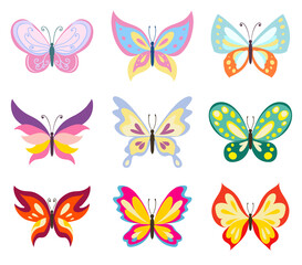 Obraz na płótnie Canvas Set various color butterflies on a white background, no gradients and effects, color drawing butterfly vector