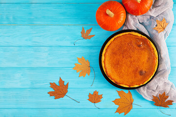 Delicious pumpkin tart. Homemade pie for Thanksgiving Day or Halloween. Autumn concept. Top view