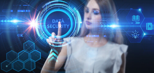 Business, technology, internet and network concept. Young businessman thinks over the steps for successful growth: Data security