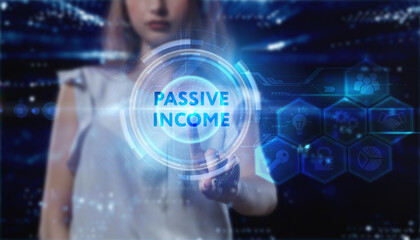Business, technology, internet and network concept. Young businessman thinks over the steps for successful growth: Passive income