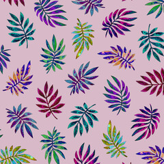 Fototapeta premium pattern of multicolored palm leaves painted in watercolor on a pink background