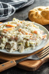 Coleslaw. Salad made of shredded white cabbage and grated carrot with mayonnaise.