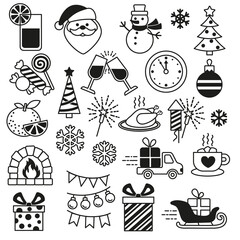 Vector icon set of simple contour style for christmas and new year design. Isolated elements on white background.