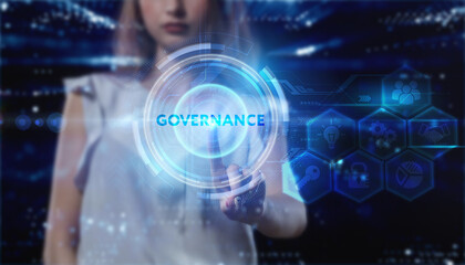 Business, technology, internet and network concept. Young businessman thinks over the steps for successful growth: Governance