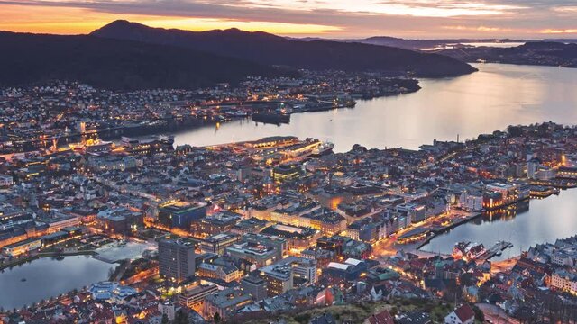 Timelapse Video 4K, Panoramic view of Bergen from Floyen, Bergen, Norway at sunset.