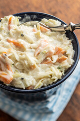 Coleslaw. Salad made of shredded white cabbage and grated carrot with mayonnaise.