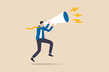 Naklejka na ściany i meble Business shout out, speaking out loud to communicate with co-worker or draw attention and announce promotion concept, confidence young businessman using megaphone speak out loud to be heard in public.