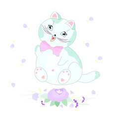 Cute cat with flowers and a pink bow. Vector illustration.