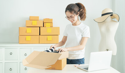 Startup small business owner working with computer at workplace. Freelance woman seller check product order. Packing goods for delivery to customer. Online selling. E-commerce. Online Shopping