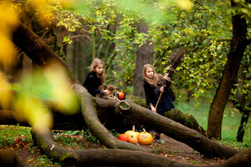 two girls dressed as witches in the park during halloween
