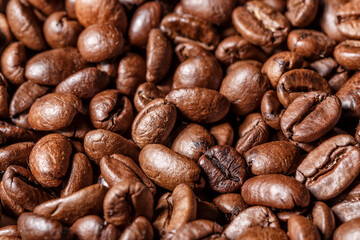 Freshly roasted coffee beans background.Dark roasted coffee beans with scoop on wooden background.