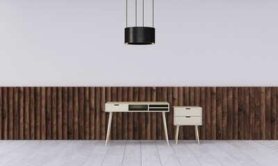 Modern workspace with desk and lamp in minimalistic interior