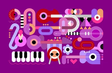 Abwaschbare Tapeten Abstrakte Kunst Geometrische Stilvektorillustration von verschiedenen Musikinstrumenten lokalisiert auf einem violetten Hintergrund. Grafikdesign mit Gitarren, Trompeten, Saxophon, Klavier und Schlagzeug.
