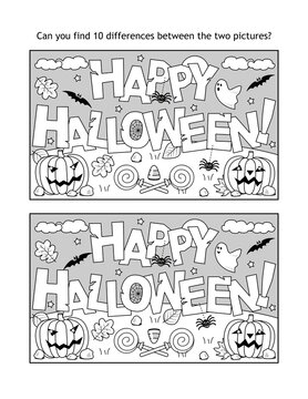 Find 10 differences visual puzzle and coloring page with "Happy Halloween!" greeting

