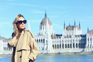 Fototapeta premium Budapest summer girl, panoramic view of the capital of Hungary, Danube bridge, Gelert hill