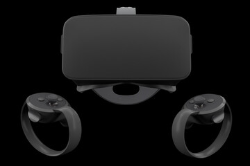 Virtual reality glasses and controllers for online gaming isolated on black