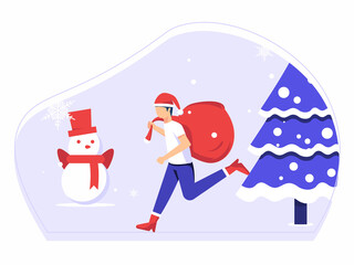 Man holds cloth with gifts inside. Christmas celebration in winter. vector illustration.