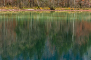 colorful reflection on the shore from a lake in autumn