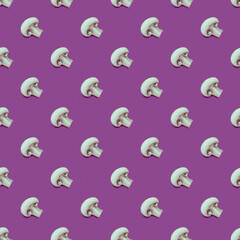 Champignon trendy seamless pattern on a violet background, flat lay. Top view. 