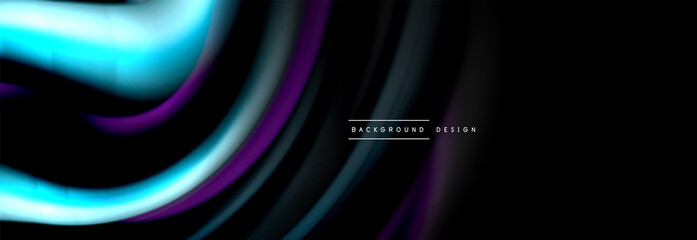 Dynamic motion abstract background. Color blurred stripes on black. Wave liquid lines poster. Vector illustration