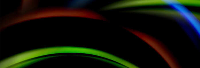 Dynamic motion abstract background. Color blurred stripes on black. Wave liquid lines poster. Vector illustration