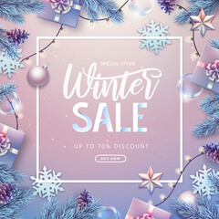 Christmas holiday background with silver fir tree, snowflakes, lights, pine cones and gift boxes. Winter big sale poster.