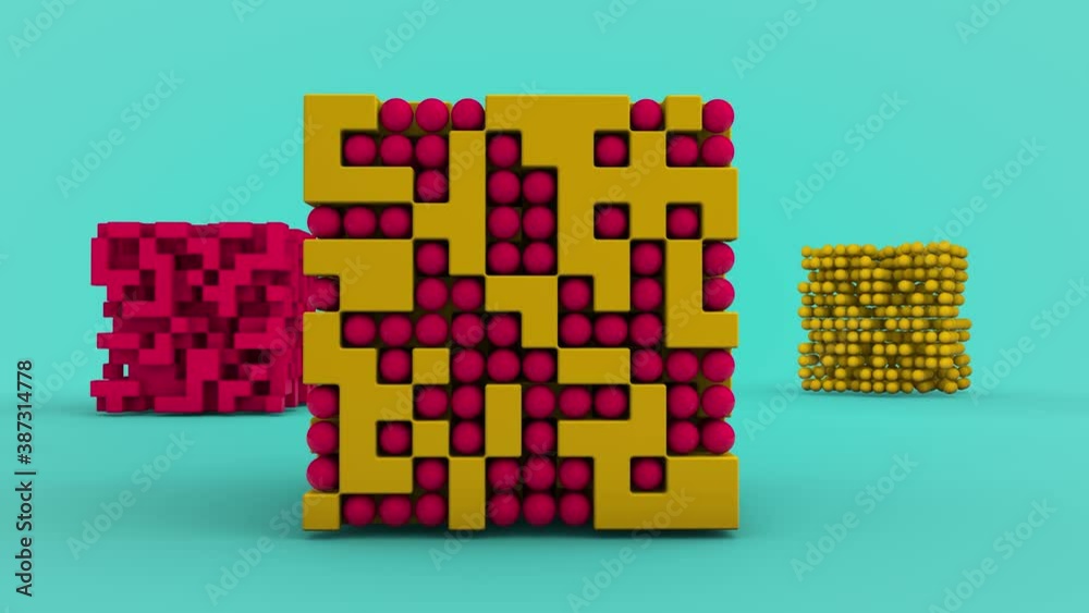Poster 3d animation of an abstract composition of geometric shapes and spheres. a cube with balls and a pix