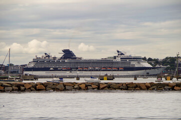 Modern Cruiseship or cruise ship liner in port of Portland, Maine during New England Indian Summer...