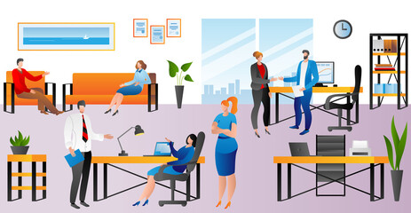 Business office with people team work, vector illustration. Job teamwork with computer, corporate workplace with flat table desk. Person character worker cartoon group meeting design.