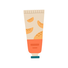 Obraz premium Natural cosmetic, modern tube of cream with mango, product for skin and body care. Trendy daily routine, hand drawn vector illustration in doodle flat style, isolated on white background. 