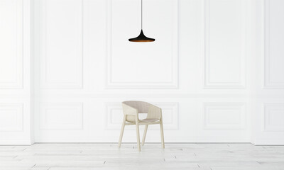 White interrior with dark flat lamp and chair