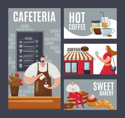 Cafe cartoon card, vector illustration. Man woman people drink coffee, beverage in cup flat set. Business coffee shop design banner. Business person character near menu, background collection.