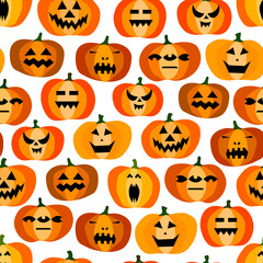 Seamless halloween scary orange pumpkins pattern. Funny, creepy, smiling face on white backgrounds. Autumn characters image. Happy Halloween symbol. Spooky vector trick or treat party illustration