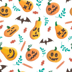 Vector halloween pattern with orange pumpkin bats and candies