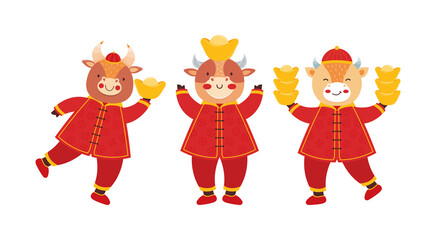 Chinese new year 2021 ox. Set cute baby bulls in traditional red Chinese clothes with gold coins and bars. Orient zodiac fortune symbol. Animal holidays cartoon character. Hand drawn illustration.