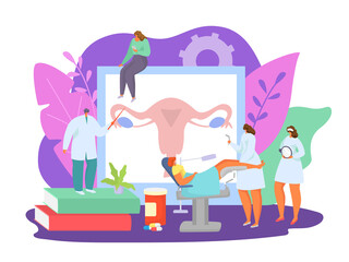 Gynecologist medical treatment, woman health in medicine concept vector illustration. Clinic gynecology doctor care about client. Cartoon medic consultation about uterus, make diagnosis.
