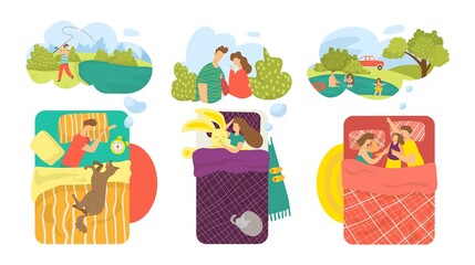 Bed set, night dream in bedroom vector illustration. Man woman flat character sleep with blanket collection, cartoon asleep people see dream. Couple sleep together, comfortable design.