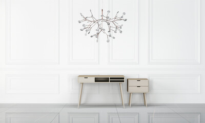 Fototapeta premium Modern workspace with desk and lamp in minimalistic interior