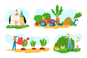 Farm set with animal, cartoon agriculture farming vector illustration. Cartoon farmer man woman people pick plant, make agricultural work. Flat rural harvest, worker person character at countryside.