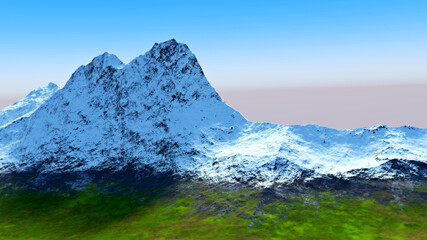 Fototapeta na wymiar schneebedeckter Berg mit einer grünen Wiese im Vordergrund, 3D Rendering, blauer, wolkenloser Himmel, Naturlandschaft