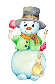 a snowman with a big black hat and a broom. Watercolor drawing on an isolated background, in cartoon style. Holiday design with snowman. Happy New year greeting card