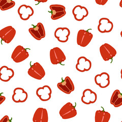 Bell peppers. Whole and sliced. Seamless pattern. Vegetables on a white background. Vector illustration.