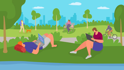 Obraz na płótnie Canvas Work person with flat laptop computer in park, vector illustration. Business man woman character online lifestyle, cartoon internet freelance. Young freelancer job at nature design concept.