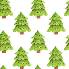 Seamless pattern with Christmas tree with red garland. Hand painted watercolor illustration on white background