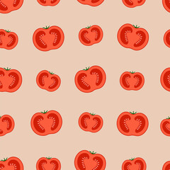 Sliced tomatoes, halves. Seamless pattern. Vector illustration.